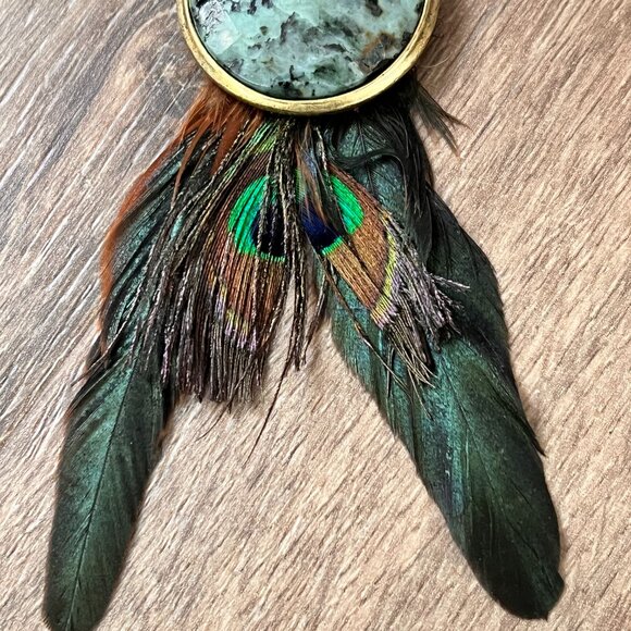 Vintage Leatherock Stone and Peacock Feather Leather Bohemian Statement Necklace - Picture 8 of 12